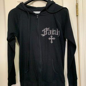 Black Thermal Ribbed hoodie, FAITH and CROSS in rhinestones 2XL(XL see note)
